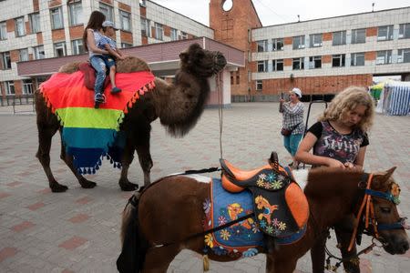 A woman and child are photographed taking a camel ride while a pony is being groomed in Bor, Nizhny Novgorod, Russia July 1, 2018. REUTERS/Damir Sagolj