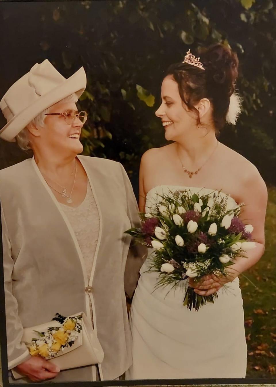 Margaret O’Kane with Angie Jones on Angie’s wedding day (Claire Cordiner/PA)