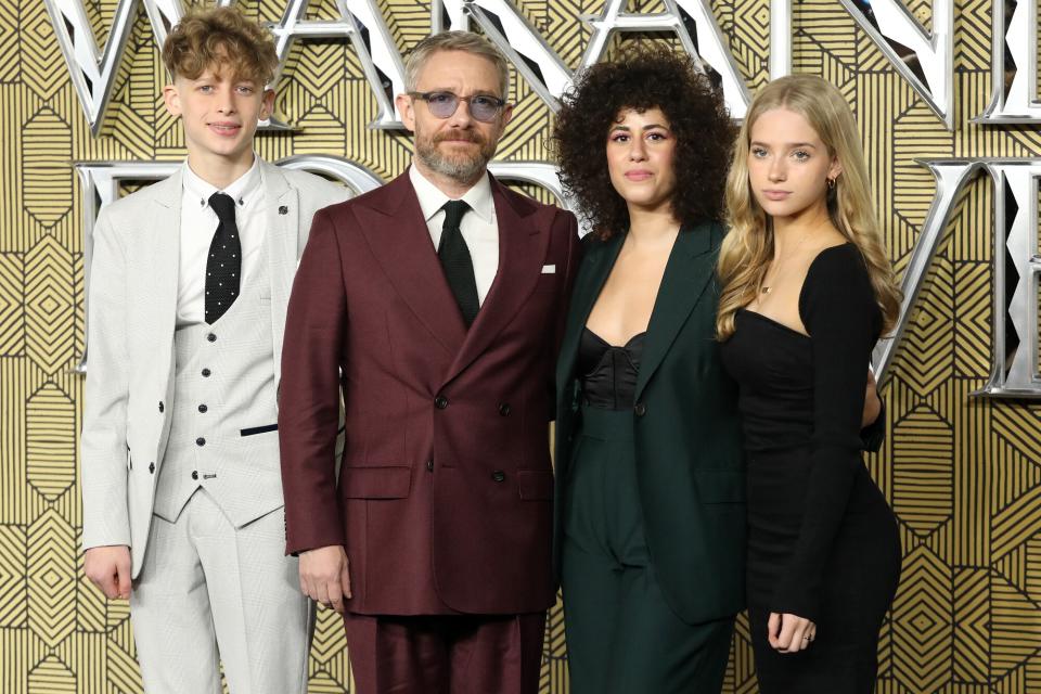 Joe Freeman, Rachel Mariam, Martin Freeman and Grace Freeman attend the "Black Panther: Wakanda Forever" European Premiere at Cineworld Leicester Square on November 03, 2022 in London, England