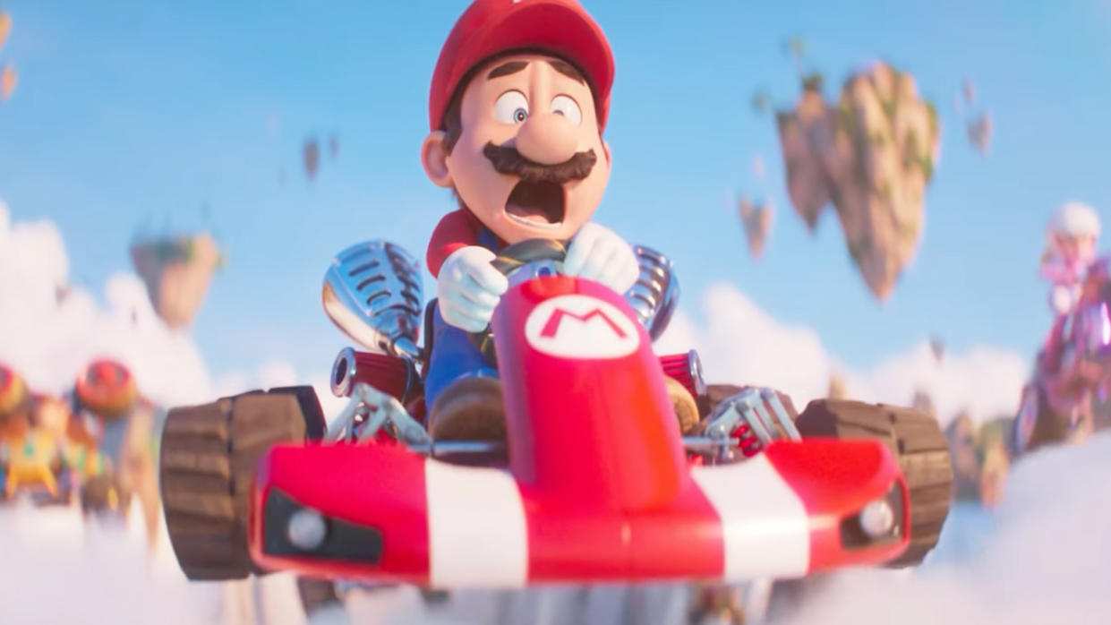  Mario driving a go-kart in the Super Mario Bros. Movie 