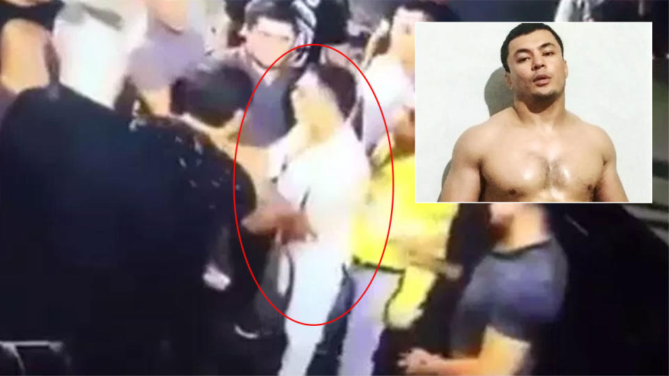 Jamshid Kenzhayev is confronted by security outside the nightclub. Pic: Youtube/Prince official