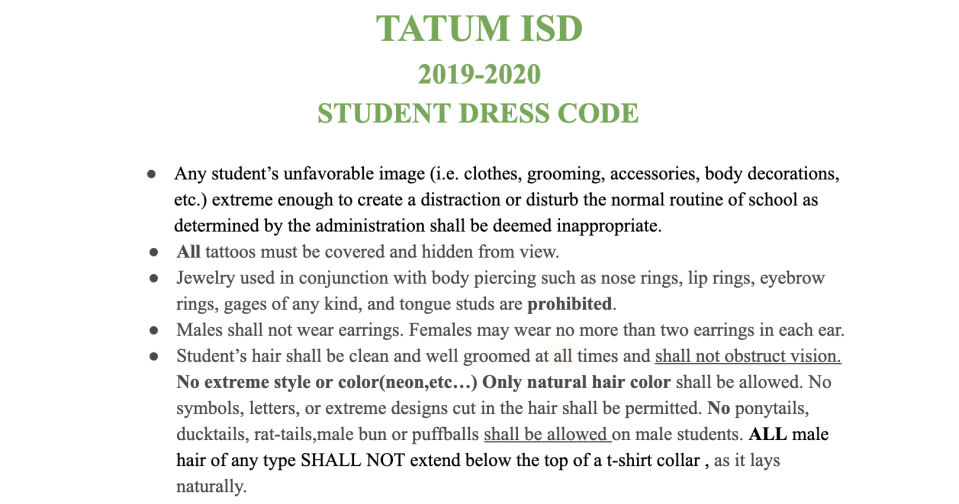 A dress code at Tatum Independent School District in Texas bans ponytails among other styles for male students. (Photo: Tatum ISD)