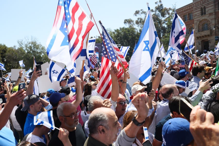 WESTWOOD, CA – APRIL 28: Thousands demonstrate in support of Israel as pro-Palestinian counter-protesters surround them at UCLA on Sunday, April 28, 2024 in Westwood, CA. (Robert Gauthier / Los Angeles Times via Getty Images)