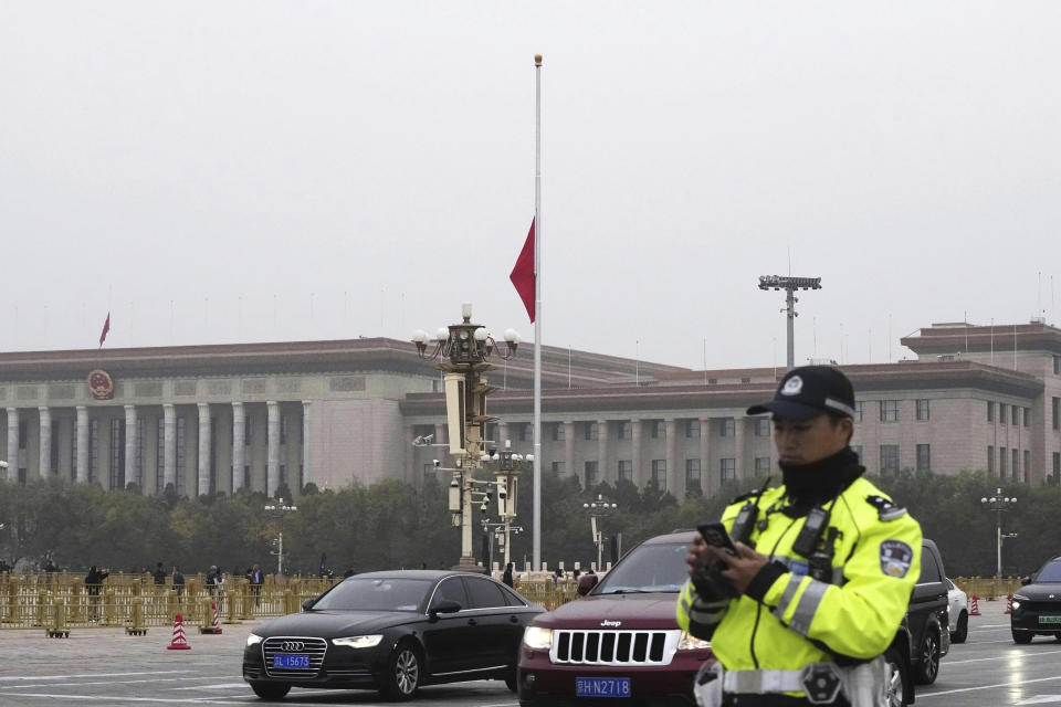 A Chinese flag is set to half mast at Tiananmen Square to mourn the death of former Premier Li Keqiang, in Beijing Thursday, Nov. 2, 2023. (Kyodo News via AP)