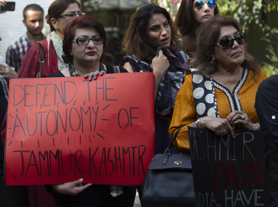 Pakistanis protest to express solidarity with Indian Kashmiris, in Islamabad, Pakistan, Thursday, Aug. 29, 2019. Kashmir is divided between India and Pakistan since they won independence from British colonialists in 1947. They have fought two wars over its control. (AP Photo/B.K. Bangash)