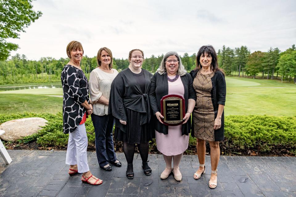 The Homeless Center of Strafford County is the winner of the Greater Rochester Chamber of Commerce Nonprofit of the Year award. From left are Rachel Gilman (board member). Sharon Sewell (board member), Faith Dean ,Tracy Hardekopf (executive director) and Kathe Levesque (Board member) at the awards event Wednesday, June 1, 2022 at The Oaks in Somersworth.