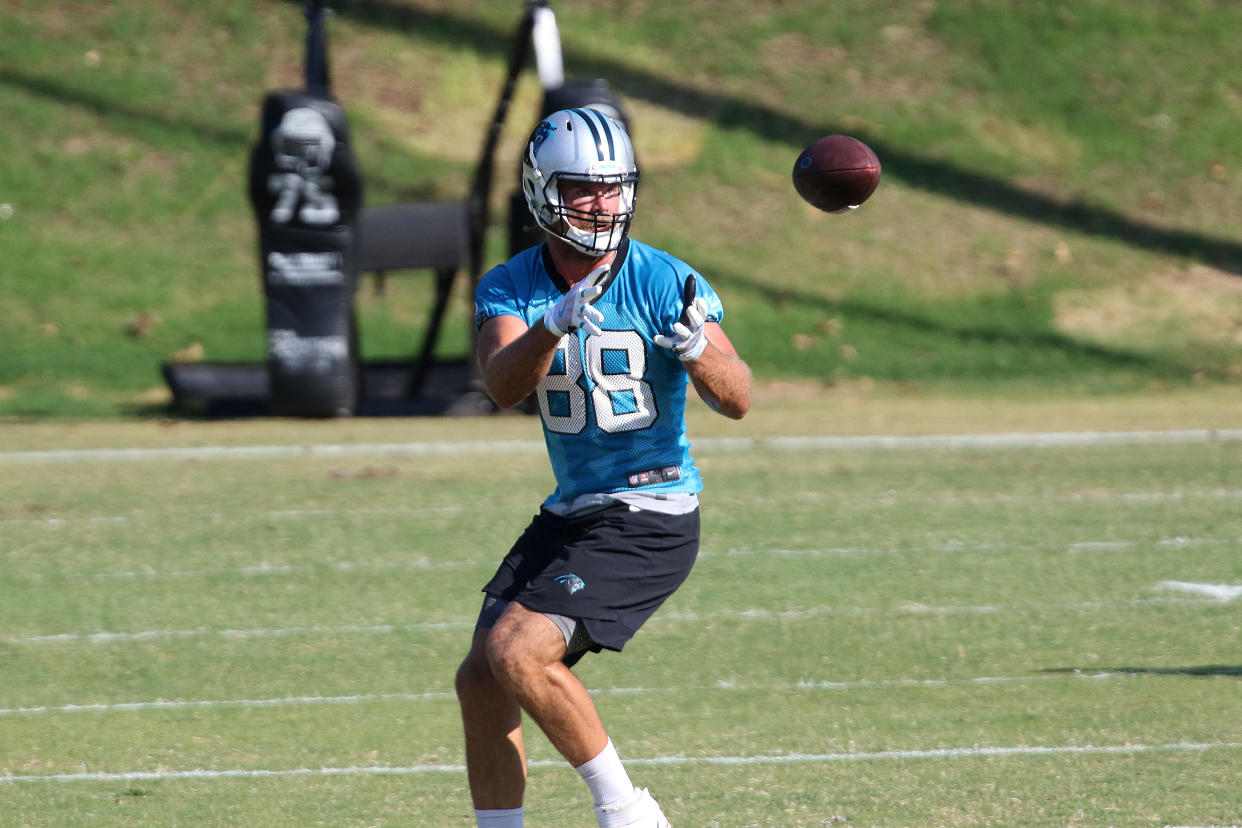 Great catch: Carolina tight end Greg Olsen excitedly recorded a man proposing to his girlfriend at a Nashville hotel. (Getty Images) 