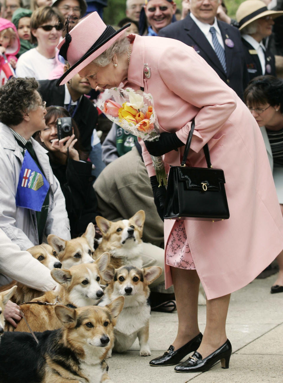 The Queen stopped to view a group of corgi dogs during her visit to Canada back in May 2005, spending several minutes talking with owners and petting the animals. (Reuters)