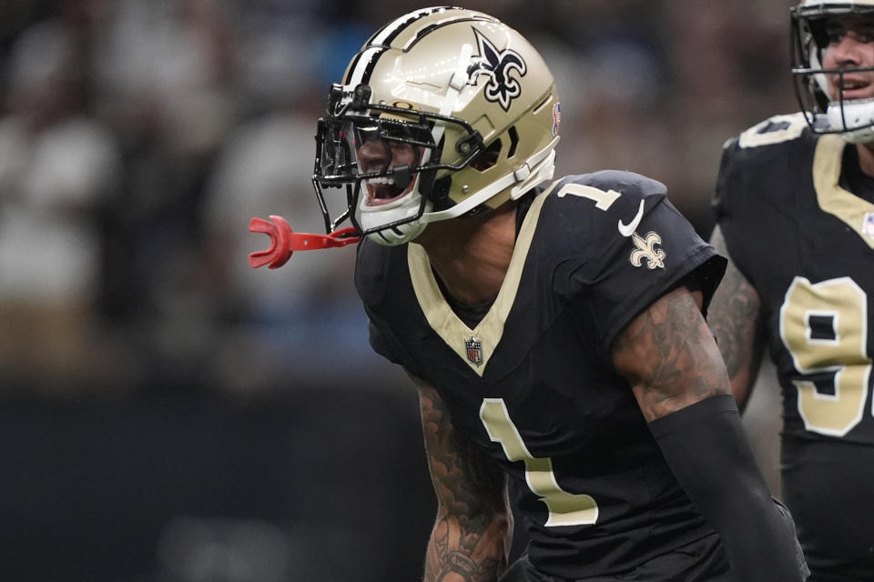 New Orleans Saints cornerback Alontae Taylor (1) celebrates a sack during the first half of an NFL football game against the Carolina Panthers, Sunday, Sept. 8, 2024, in New Orleans. (AP Photo/Gerald Herbert)