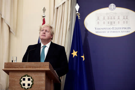 British Foreign Secretary Boris Johnson looks on during a joint press conference with Greek Foreign Minister Nikos Kotzias (not pictured) following their meeting at the Foreign Ministry in Athens, Greece, April 6, 2017. REUTERS/Alkis Konstantinidis