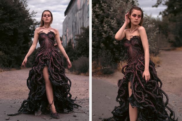 Elien Rijnbeek posing in her Upside Down dress, (Photo: Sebastian Weissbach)