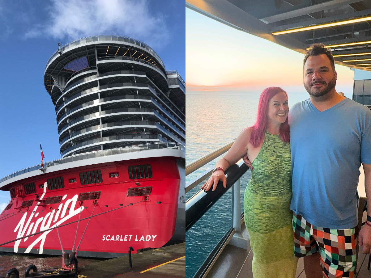 Links: Virgin Voyages Scarlet Lady, rechts: Eliza Green und ihr Mann auf der Kreuzfahrt Dominican Daze. - Copyright: Links: Rachel Hosie/Business Insider, rechts: Eliza Green