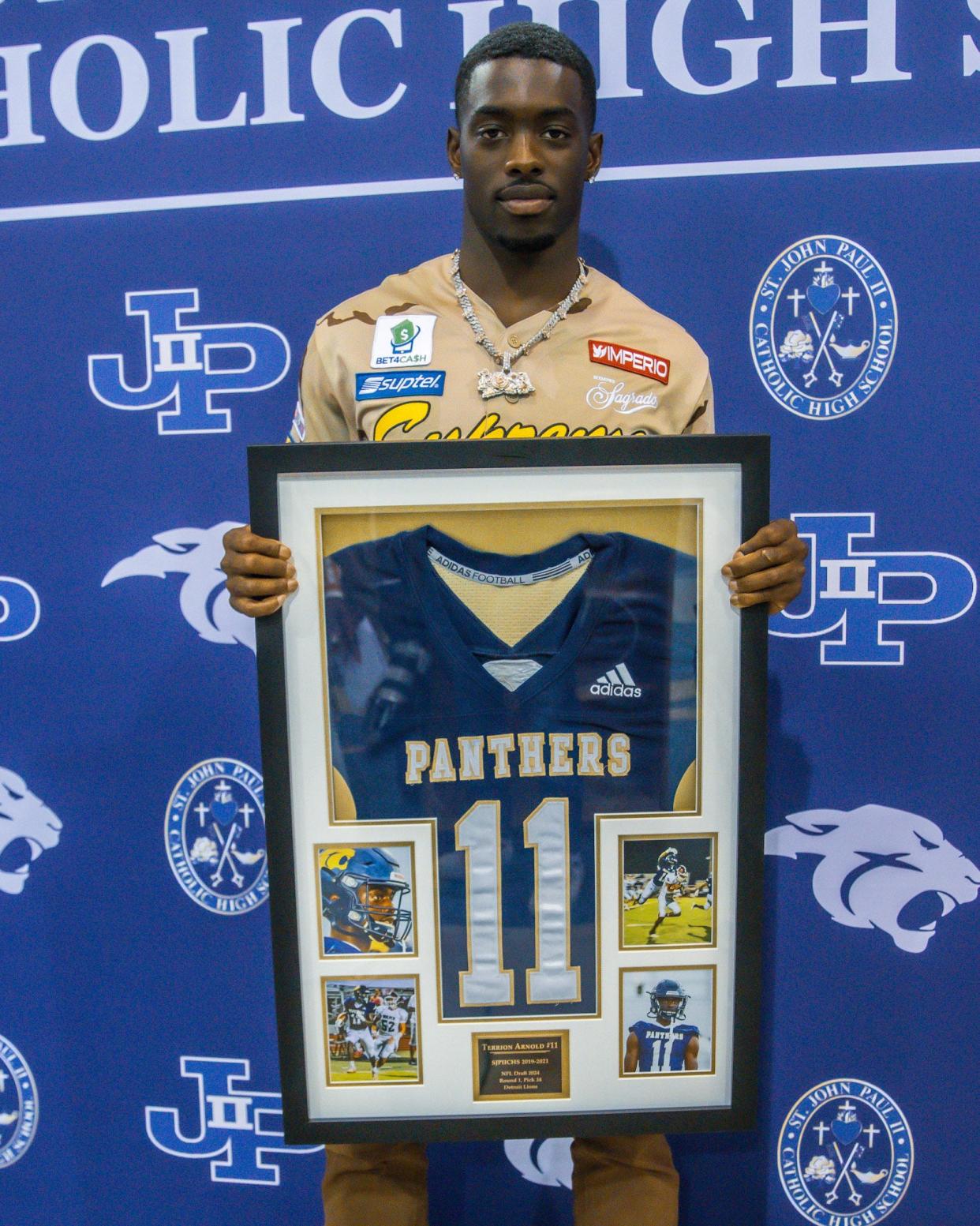 Terrion Arnold has his JPII jersey retired after becoming the first Panther to be selected in the NFL Draft on Tuesday, May 7, 2024.