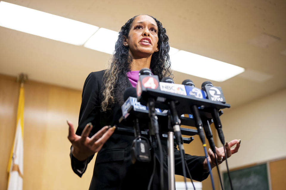 FILE - San Francisco District Attorney Brooke Jenkins, speaks with reporters at Superior Court in San Francisco, on Nov. 1, 2022. A judge has granted the state attorney general's request for 90 more days to review the case against a former San Francisco police officer who became the first in the city to be charged with an on-duty killing. The top prosecutor's request comes after Jenkins announced last month she planned to drop manslaughter charges against former officer Christian Samayoa. (AP Photo/Noah Berger, File)