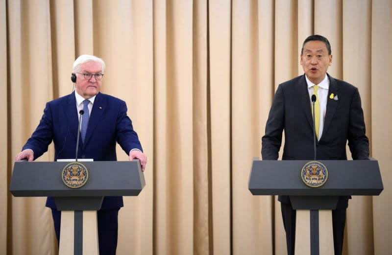 German President Frank-Walter Steinmeier (L) and Prime Minister of Thailand Srettha Thavisin, speak at a press conference after their meeting at Government House. Steinmeier and his wife visit Vietnam and Thailand during a four-day trip to Southeast Asia. Bernd von Jutrczenka/dpa