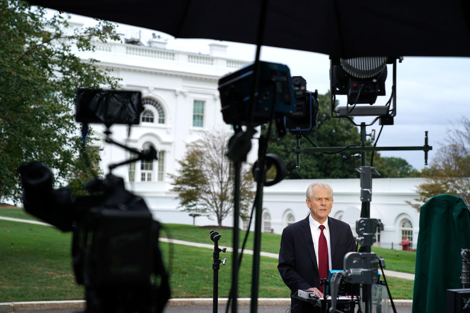 WASHINGTON, DC - OCTOBER 08: White House National Trade Council Director Peter Navarro is interviewed by Fox Business Network outside the White House October 08, 2019 in Washington, DC. Navarro will be taking a lead role in trade negotiations with the Chinese that are scheduled to begin this week. (Photo by Chip Somodevilla/Getty Images)