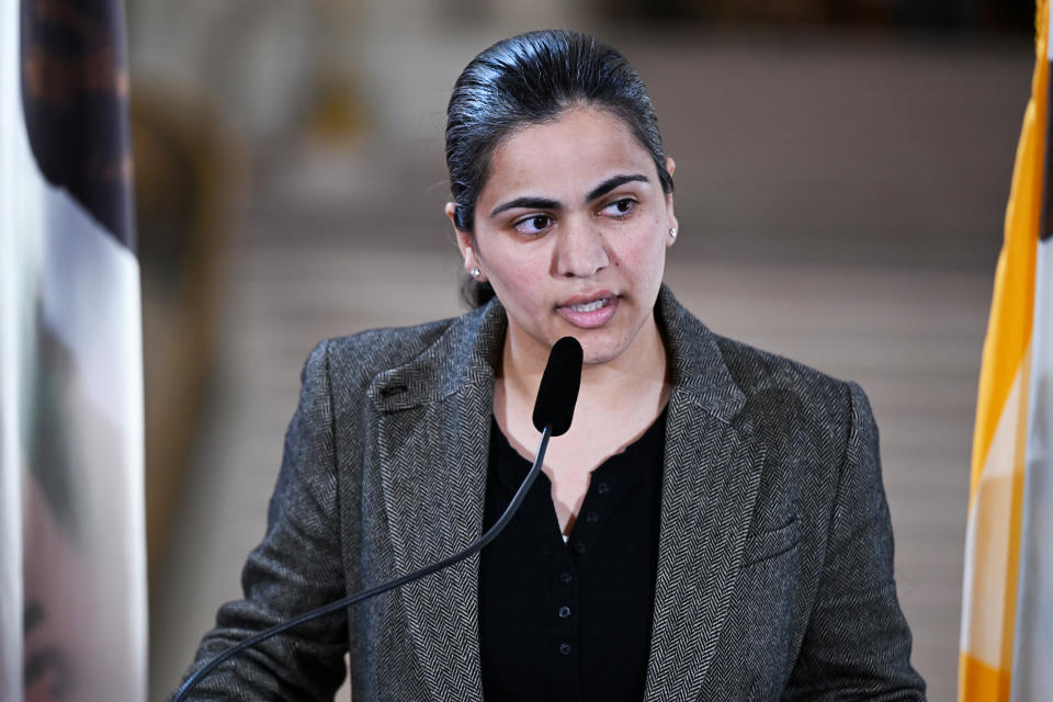 Sen. Aisha Wahab speaks at City Hall in San Francisco (Tayfun Coskun / Anadolu Agency via Getty Images file)