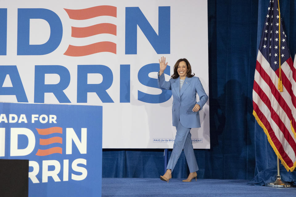 FILE - Vice President Kamala Harris takes the stage to speak at a post debate campaign rally, June 28, 2024, in Las Vegas. (AP Photo/Ronda Churchill, File)