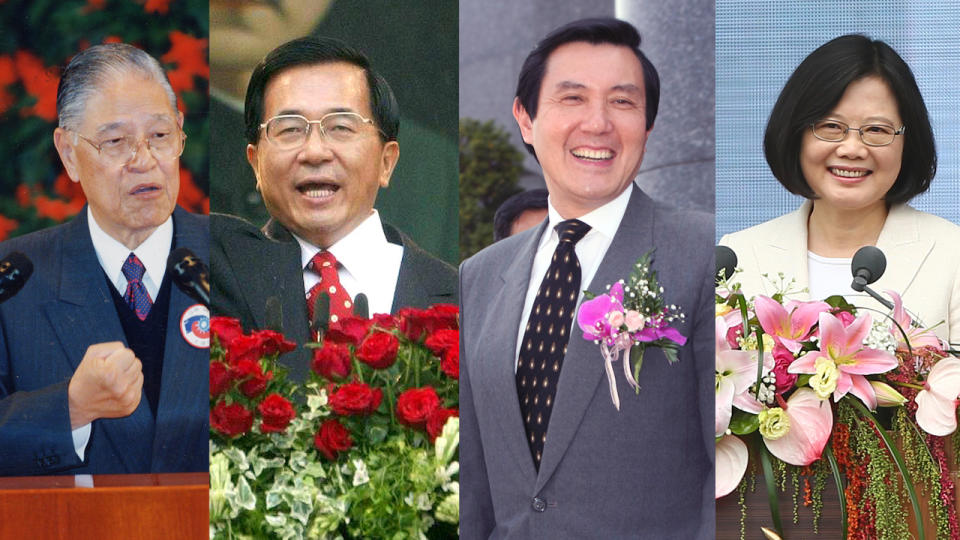 從1996年開始，中華民國在台灣舉行了第一次正副總統直選，時至今日，經歷了李登輝（左起）、陳水扁、馬英九，及蔡英文，共計四位總統。圖／聯合報系資料照片