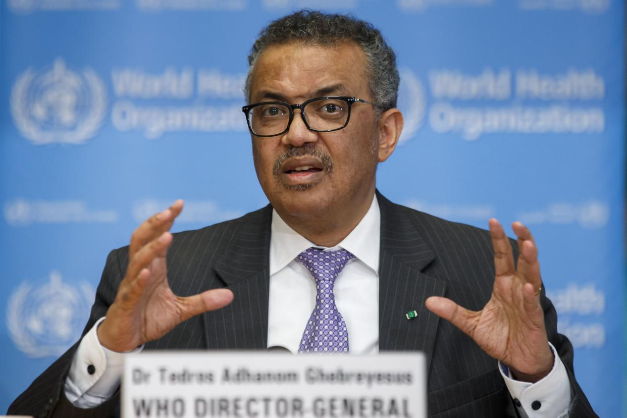 FILE - Tedros Adhanom Ghebreyesus, Director General of the World Health Organization speaks during a news conference on updates regarding on the novel coronavirus COVID-19, at the WHO headquarters in Geneva, Switzerland, on March 9, 2020 . 