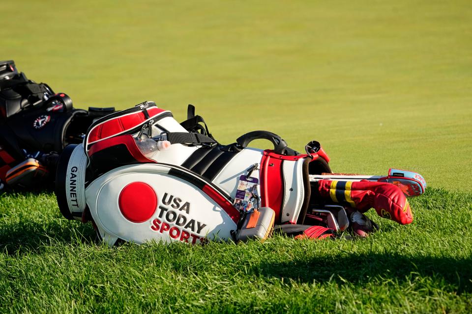 May 18, 2024; Louisville, Kentucky, USA; A general view of the the bag for Mark Hubbard on the 18th green during the third round of the PGA Championship golf tournament at Valhalla Golf Club. Mandatory Credit: Adam Cairns-USA TODAY Sports