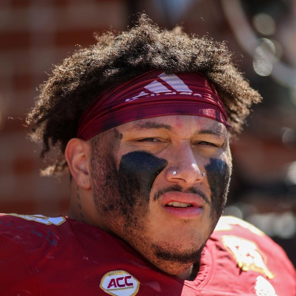 Oct 21, 2023; Atlanta, Georgia, USA; Boston College Eagles offensive lineman Christian Mahogany (73) on the sideline against the Georgia Tech Yellow Jackets in the first quarter at Bobby Dodd Stadium at Hyundai Field. Mandatory Credit: Brett Davis-USA TODAY Sports