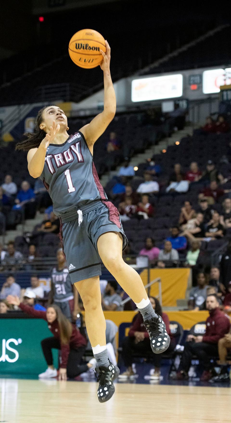 Troy's Amber Leggett goes for the solo lay-up during the Sunbelt Conference Women's basketball championship game against UT-Arlington on Monday, March 7, 2022. 
