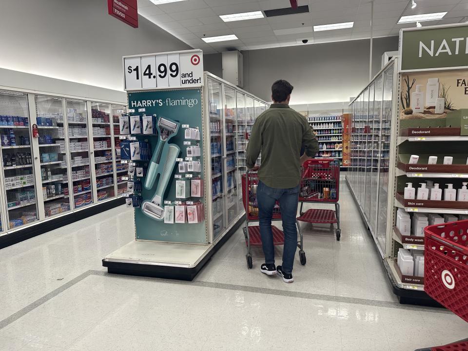 Target, on a limited basis, implements tools such as locking cases for merchandise categories that are prone to theft. This Target store located in Jersey City. (Taken by Brooke DiPalma / Yahoo Finance) 