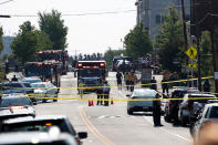 <p>Alexandria, Va. Police and other first responders block East Monroe Ave. in Alexandria, Va., Wednesday, June 14, 2017, after a shooting involving House Majority Whip Steve Scalise of La, at a congressional baseball practice. (Photo: Alex Brandon/AP) </p>