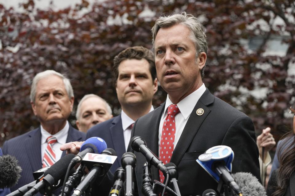 U.S. Rep. Andy Ogles, R-Tenn., speaks during a news conference at near Manhattan Criminal Court during the trial of former President Donald Trump, Thursday, May 16, 2024, in New York. Trump is accused of falsifying business records to cover up a sex scandal during the 2016 presidential campaign. (AP Photo/Frank Franklin II)