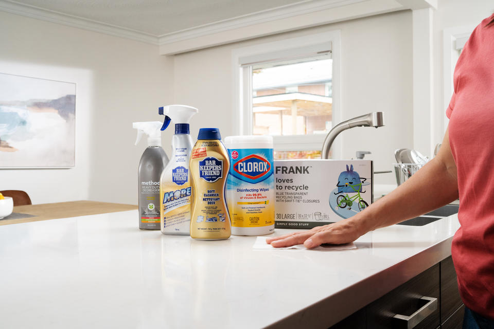 Kitchen cleaners from Canadian Tire on kitchen countertop