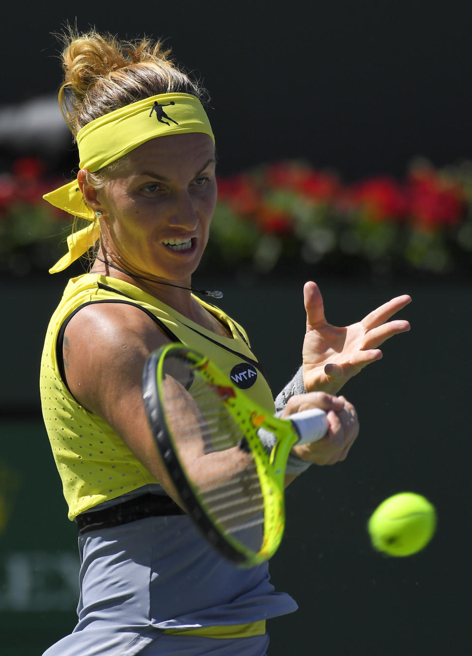 Svetlana Kuznetsova, of Russia, hits to Elena Vesnina, also of Russia, during a final match at the BNP Paribas Open tennis tournament, Sunday, March 19, 2017, in Indian Wells, Calif. (AP Photo/Mark J. Terrill)