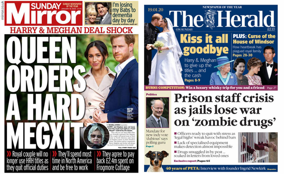 The Sunday Mirror and The Herald's front pages focusing on Prince Harry and Meghan leaving the royal family.