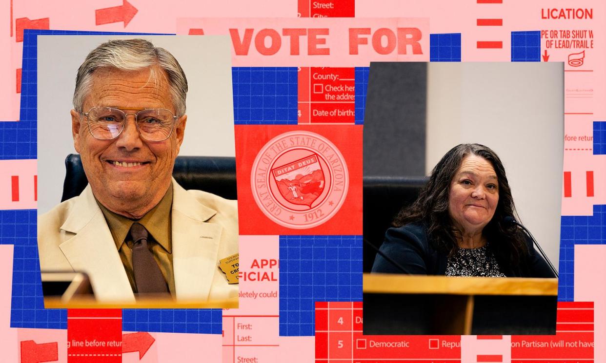 <span>Records show Tom Crosby and Peggy Judd, two of three board supervisors, advocated for hand-counting ballots.</span><span>Composite: The Guardian/Javier Palma/ Cassidy Araiza</span>