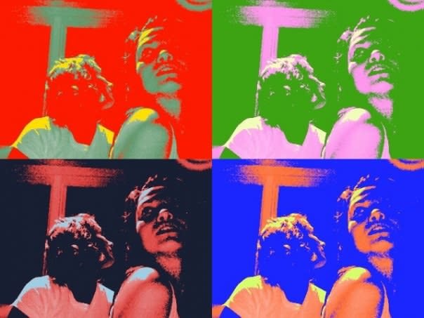 Andy Warhol-style four-picture grid with two women posing in each picture with different colors for each