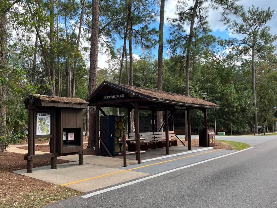 wooden bus stop at disney