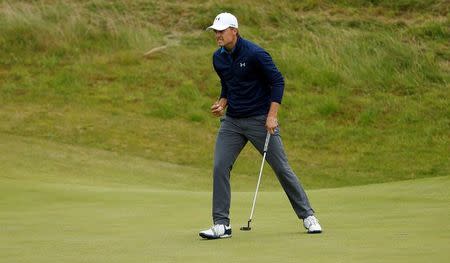 Golf - The 146th Open Championship - Royal Birkdale - Southport, Britain - July 23, 2017 USA’s Jordan Spieth reacts after holing his birdie putt on the 17th green during the final round REUTERS/Andrew Boyers