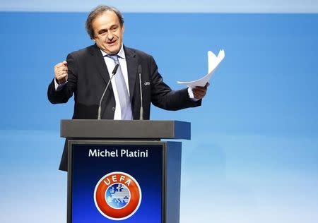 UEFA President Michel Platini delivers a speech after his reelection at the 39th Ordinary UEFA Congress in Vienna March 24, 2015. REUTERS/Leonhard Foeger