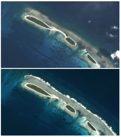 A combination photograph shows a land bridge (top) on a North Island, near Tree Island and Woody Island in the Paracel chain, in the South China Sea on September 10, 2016 and a view of the same bridge destroyed, on November 14, 2016 in these handouts released by Planet Labs on November 30, 2016. Trevor Hammond/Planet Labs/Handout via REUTERS