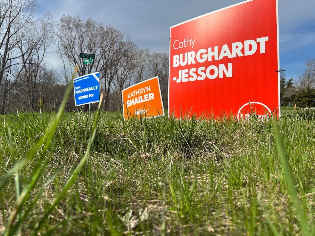 Election signs vie for voters' attention near Strathroy. Voters go to the polls on Thursday, May 2. (Andrew Lupton/CBC - image credit)