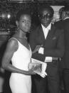 <p> Iconic actor Cicely Tyson and legendary musician Miles Davis would have a long, on-again off-again relationship throughout the course of their lives. Here, at the premiere of her movie, they're together, but they would split again soon after. </p>