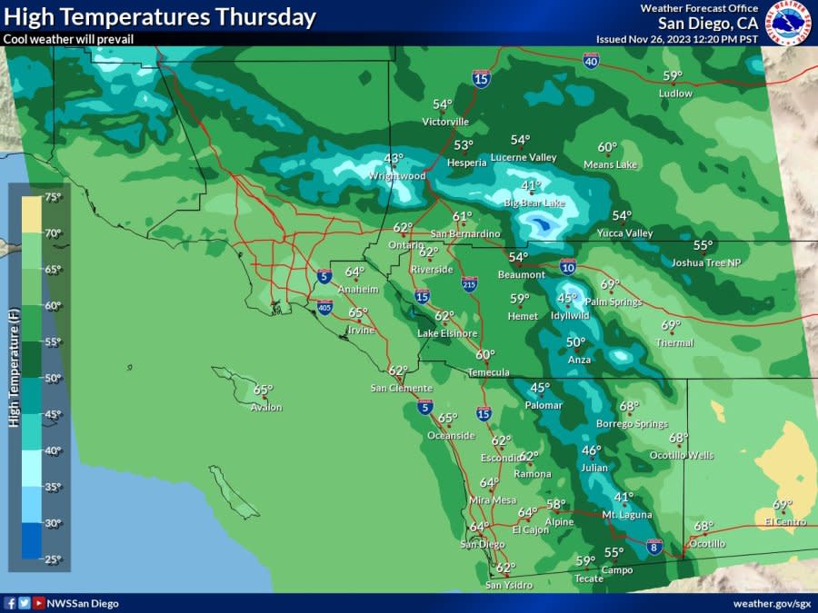 High temperatures forecast for Thursday, Nov. 30, 2023. (Courtesy of National Weather Service)