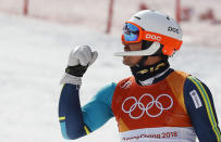 Alpine Skiing - Pyeongchang 2018 Winter Olympics - Men's Slalom - Yongpyong Alpine Centre - Pyeongchang, South Korea - February 22, 2018 - Andre Myhrer of Sweden reacts. REUTERS/Leonhard Foeger