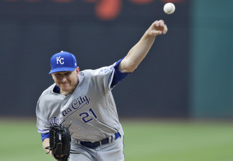 Kansas City Royals starting pitcher Mike Montgomery delivers in the first inning of the team's baseball game against the Cleveland Indians, Friday, July 19, 2019, in Cleveland. (AP Photo/Tony Dejak)