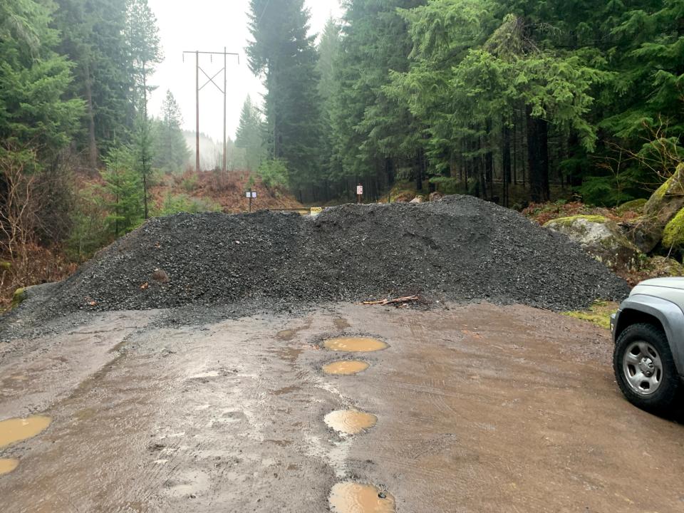 The road to Umpqua Hot Springs, Thorn Prairie Road 3401, is gated in the winter by the U.S. Forest Service. There's also a gravel berm in front of the gate this year, because in the past, vandals wedged open the gate.