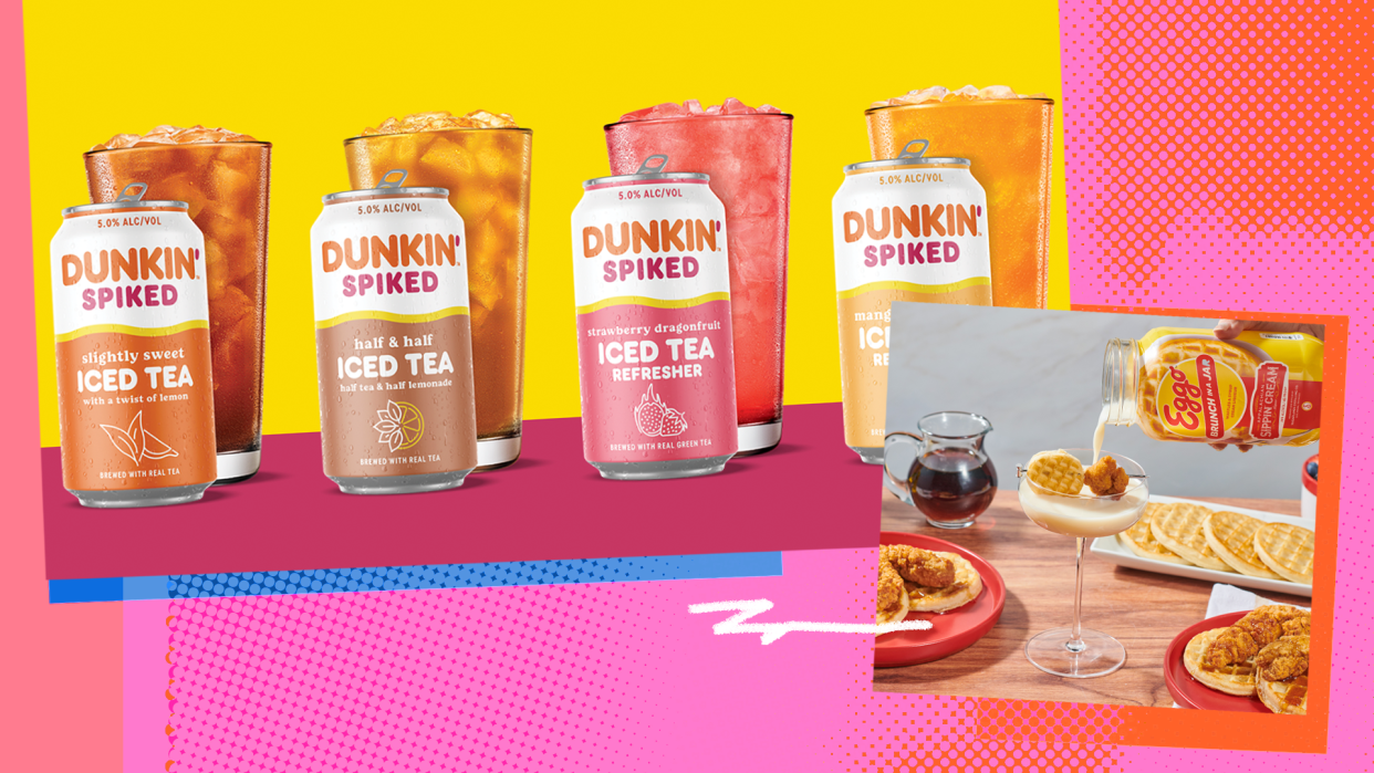 A photo illustration shows a row of Dunkin' Spiked drink cans and a photo of a hand pouring an Eggo drink into a cocktail glass.