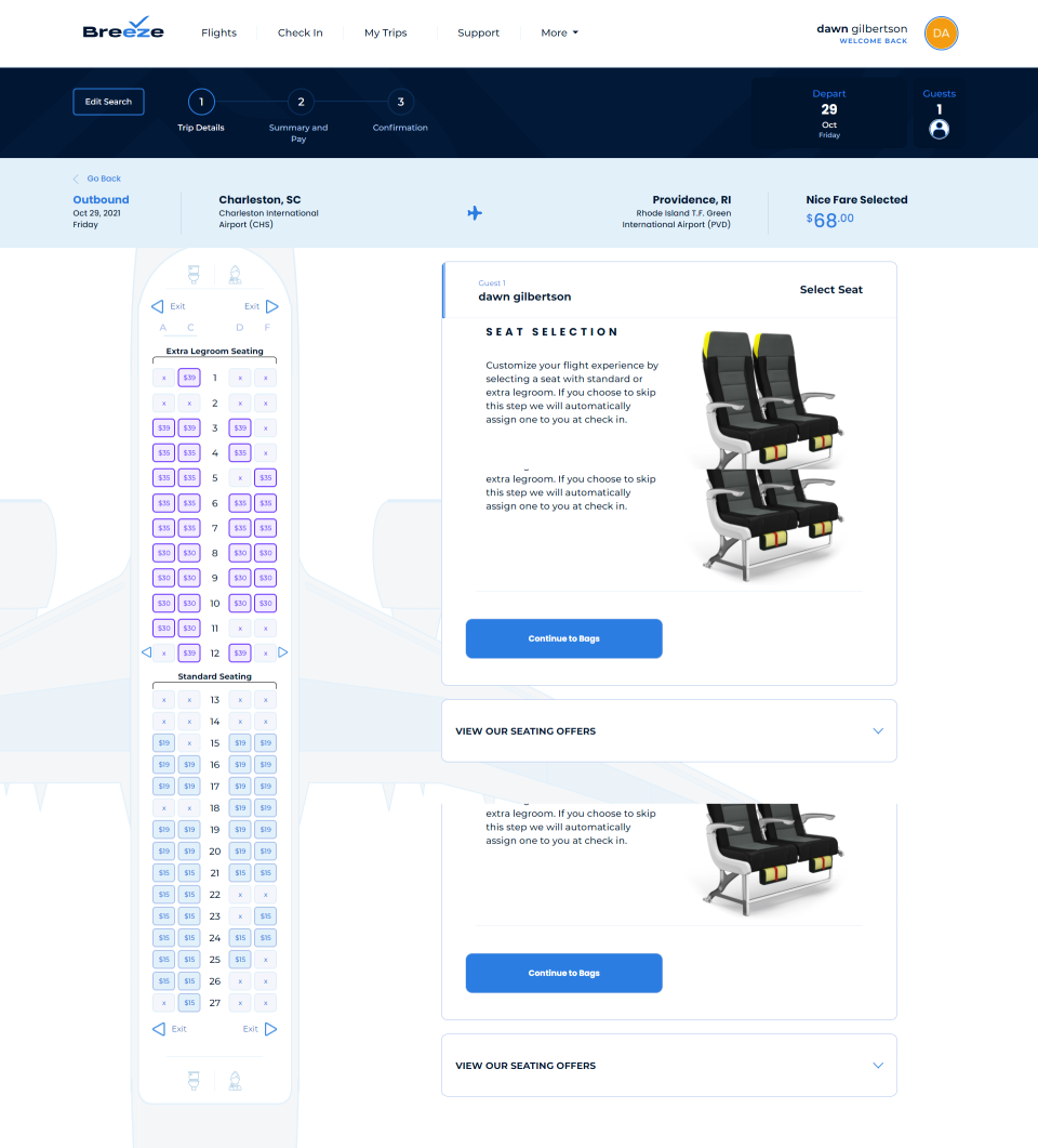 A seat map for a Breeze Airways flight. The airline charges extra for advance seat assignments unless you buy it's pricier "nicer'' fare. Travelers who don't not pay for a seat are assigned one at check in for no charge.