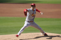 St. Louis Cardinals starting pitcher Kwang-Hyun Kim works against a San Diego Padres batter during the first inning in Game 1 of a National League wild-card baseball series, Wednesday, Sept. 30, 2020, in San Diego. (AP Photo/Gregory Bull)