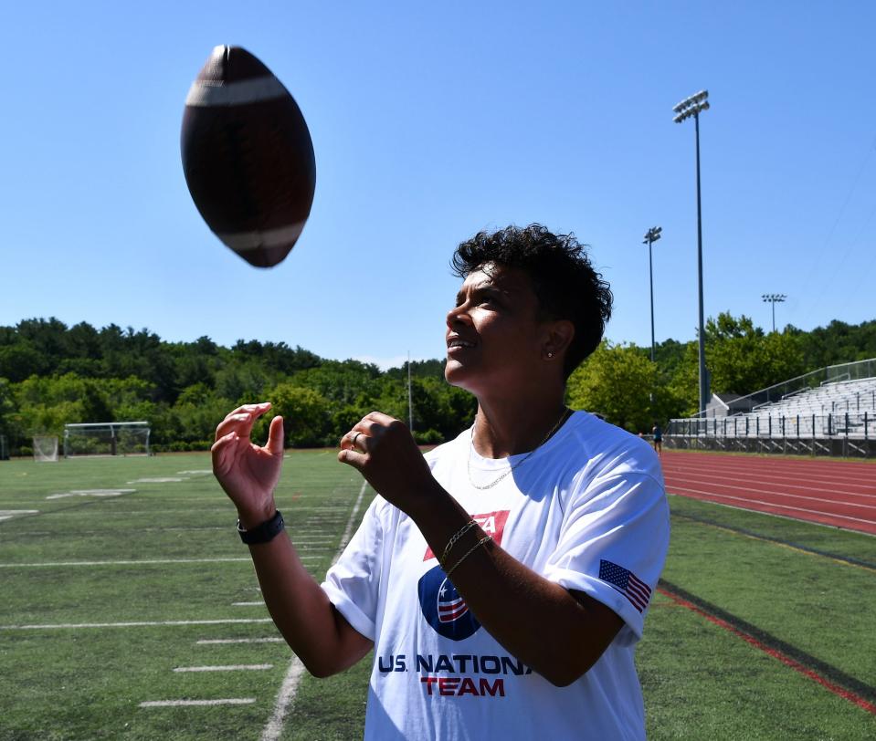 Portsmouth native Brittany Bushman is one of the top women’s tackle football quarterbacks in the country. She's seen here Tuesday, July 19, 2022, during a visit home to Portsmouth.