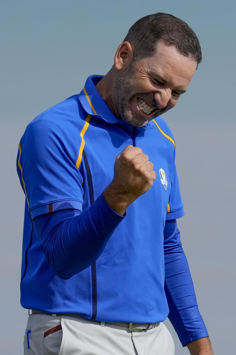 Team Europe's Sergio Garcia reacts after winning their foursome match the Ryder Cup at the Whistling Straits Golf Course Friday, Sept. 24, 2021, in Sheboygan, Wis. (AP Photo/Ashley Landis)